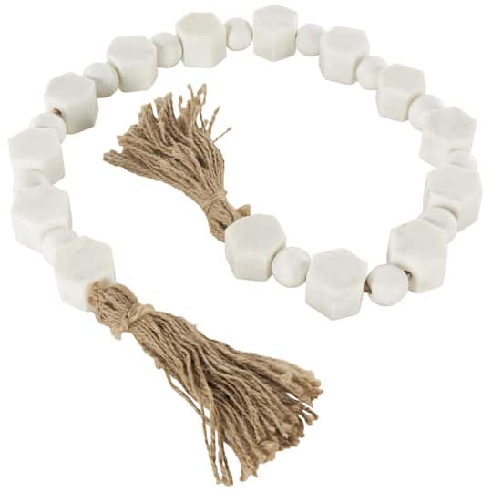 42" White with Brown Jute Knotted Marble Handmade Hexagon Beaded Garland